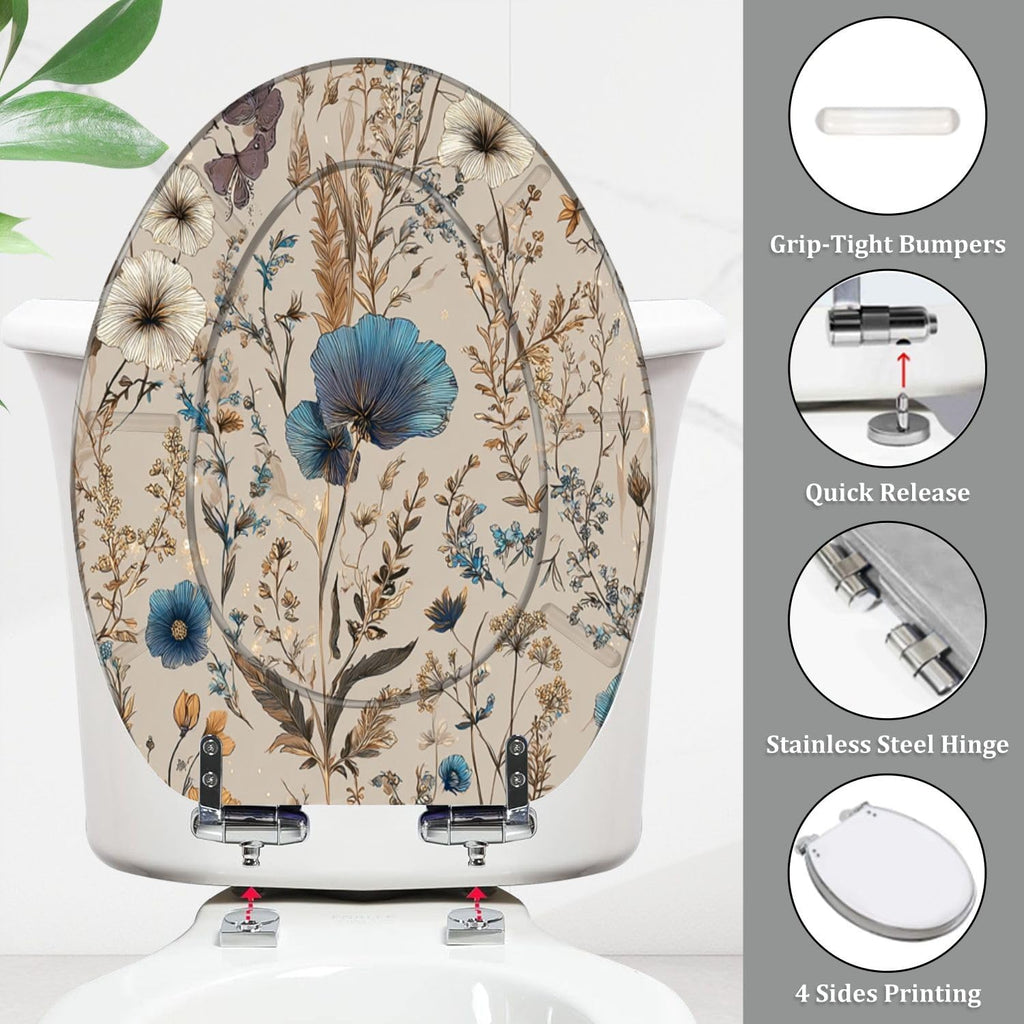 Elongated Toilet Seat Elegant Floral Blue White Golden Accents Butterflies Resin Toilet Seat Quietly Close Quick Release Hinges with Cover Bumpers Decorative Easy to Install Clean