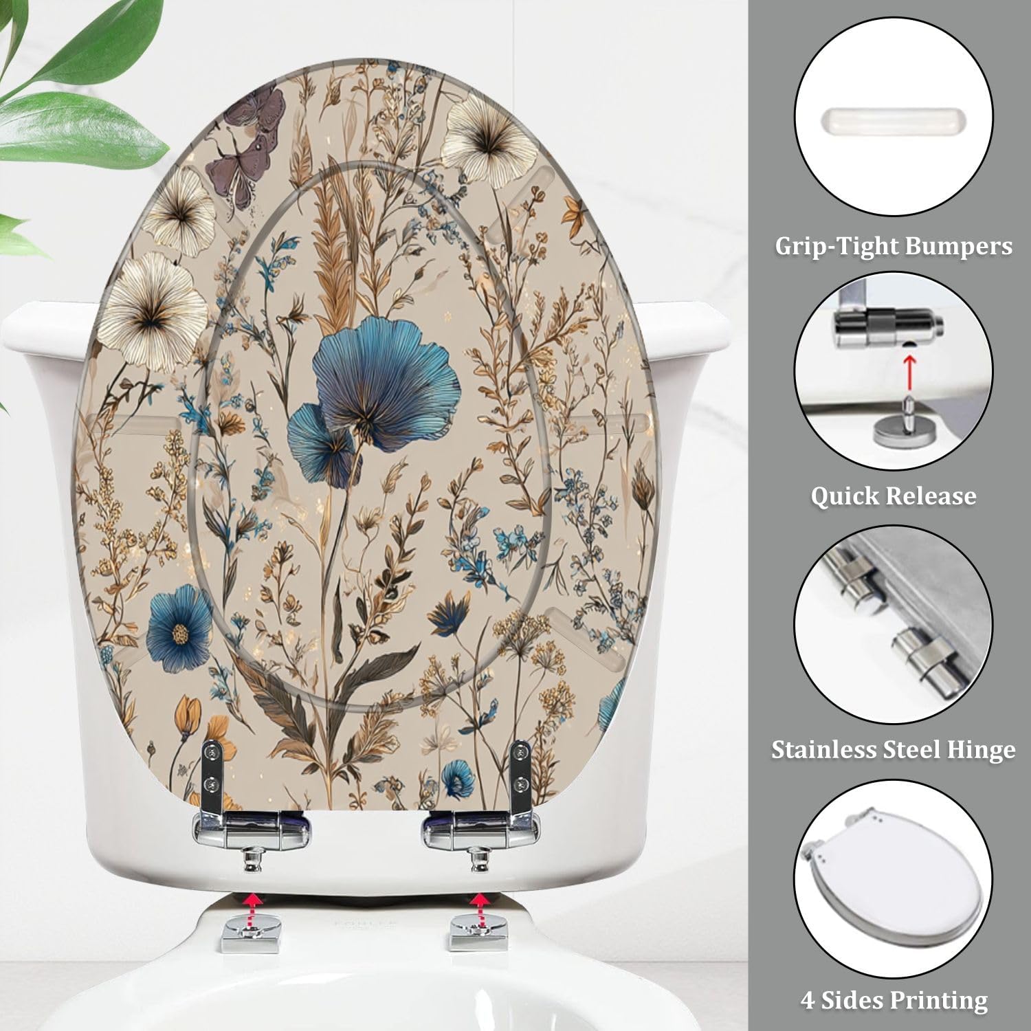 Elongated Toilet Seat Elegant Floral Blue White Golden Accents Butterflies Resin Toilet Seat Quietly Close Quick Release Hinges with Cover Bumpers Decorative Easy to Install Clean