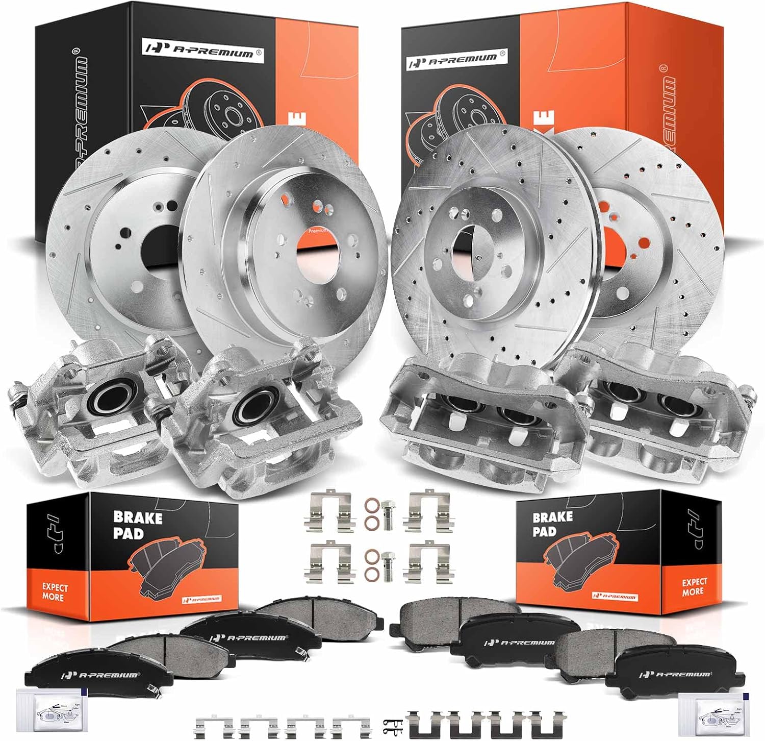 A-Premium Front and Rear Drilled and Slotted Disc Brake Rotors and Ceramic Pads Kit with Calipers Compatible with Honda Pilot 2009-2015 V6 3.5L 16-PC Set
