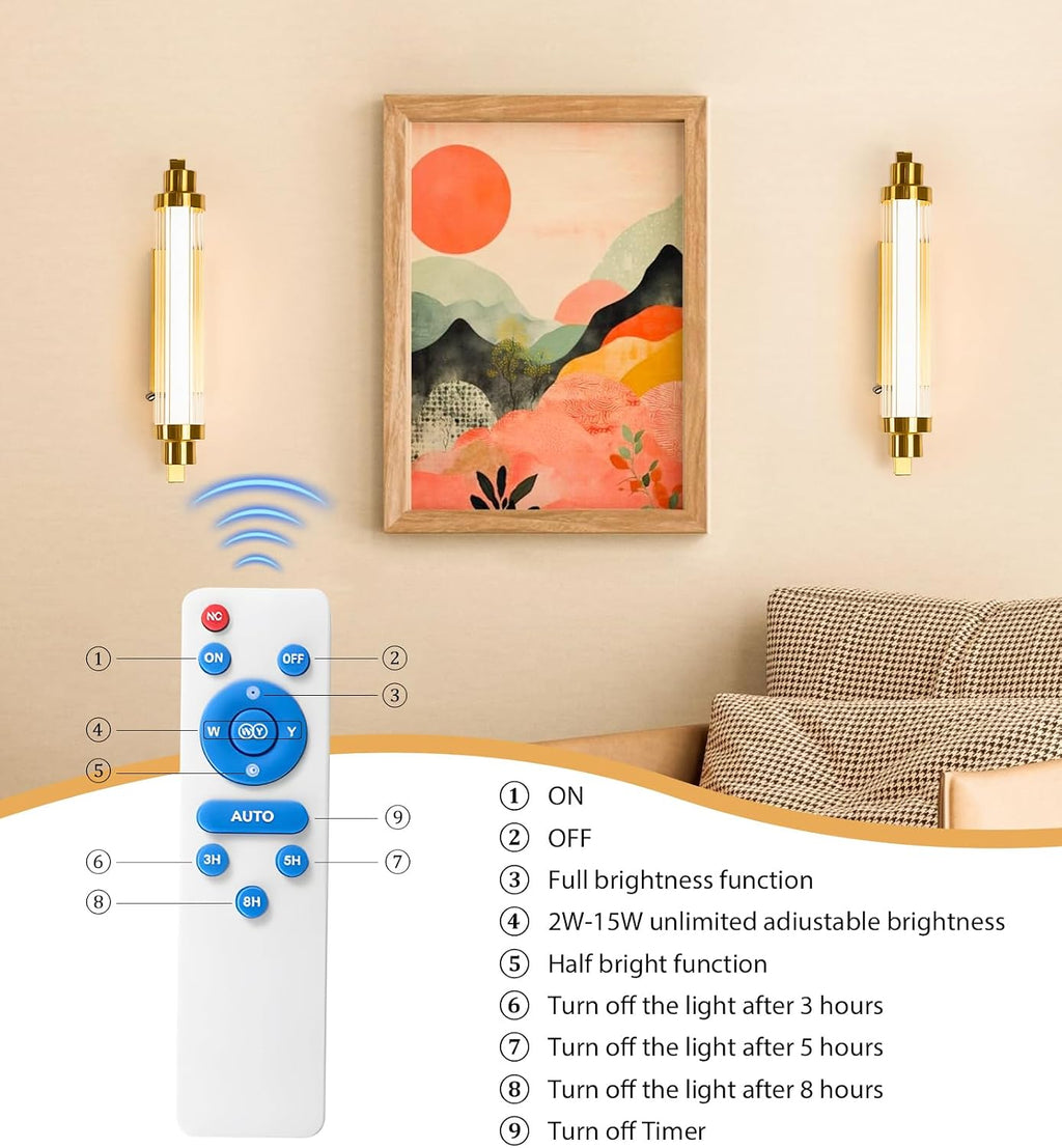 Battery Operated Wall Sconce Set of Two,12000 mAh Rechargeable Wall Sconce with Remote Battery Powered Wall Light LED Crystal Glass Gold Wall sconces for Bathroom, Living Room, Hallway, Mirror