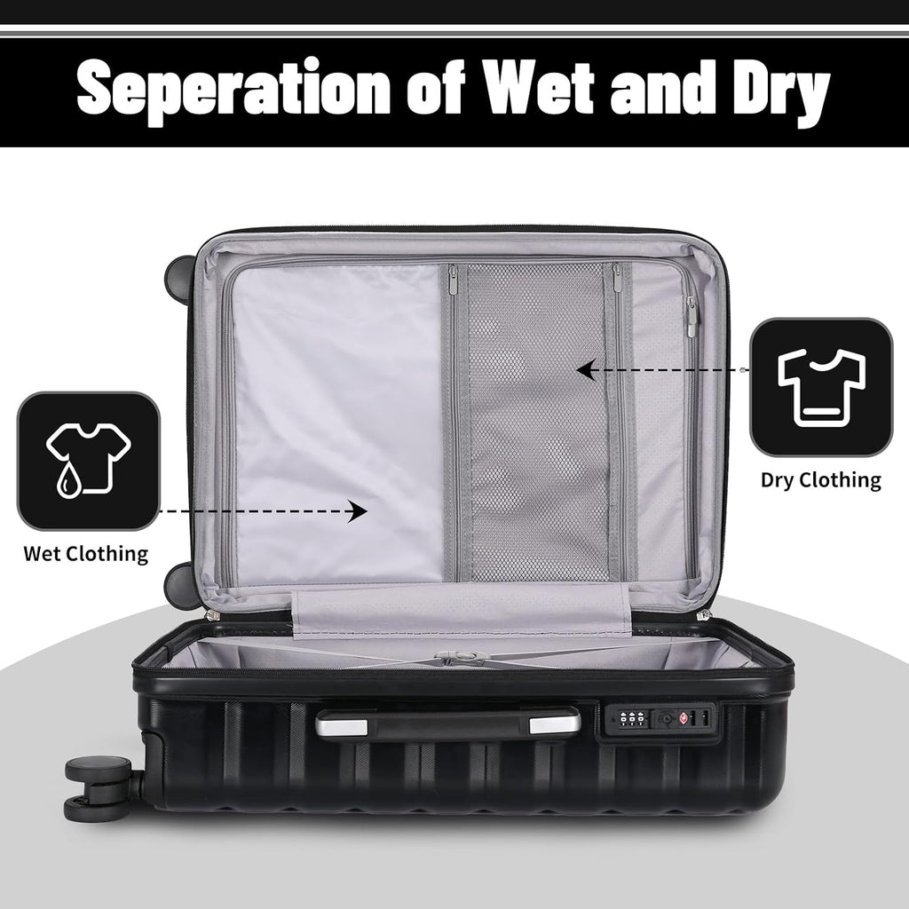WireHot Lightweight Luggage with Spinner Wheels & YKK Zipper, Hard Shell 3-Piece Suitcase ABS+PC Hardside Luggage Set with TSA Lock for Men Travel, Black (20+24+28 inch)
