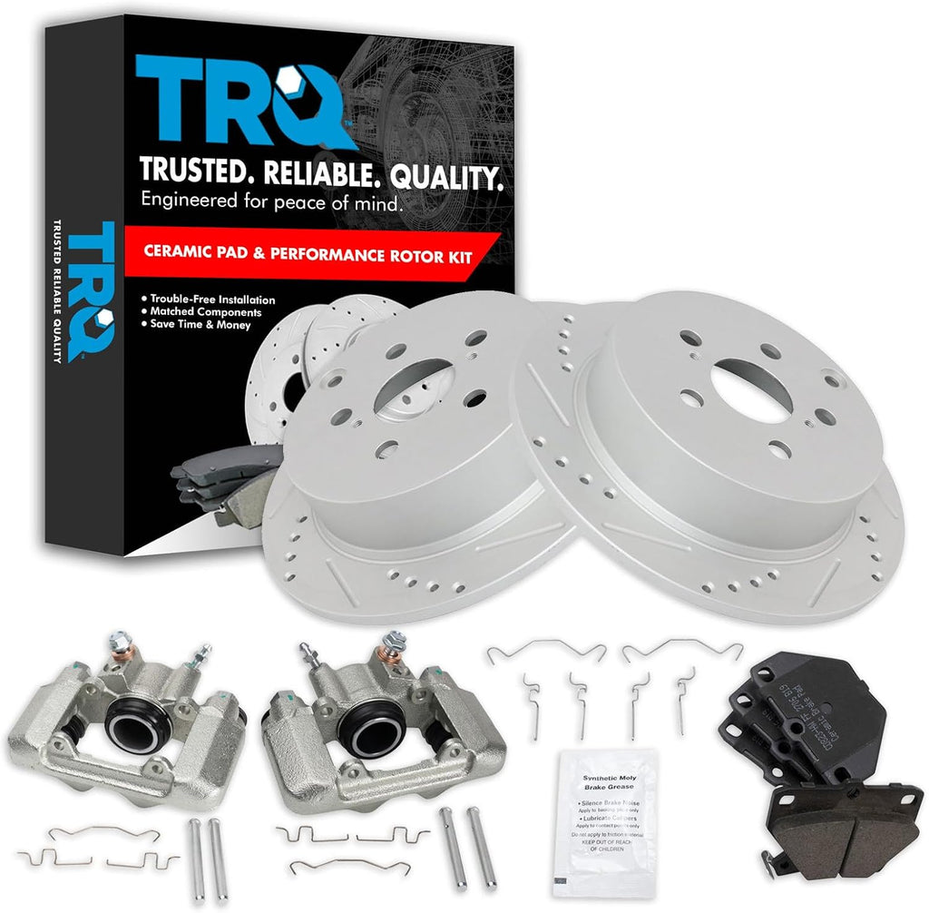 TRQ Performance Rear Brake Pad and Rotor Set Ceramic G Coated Slotted Drilled Rotors Calipers Compatible with 2003-2006 Pontiac Vibe 2000-2005 Toyota Celica 2005-2006 Corolla 2003-2006 Matrix