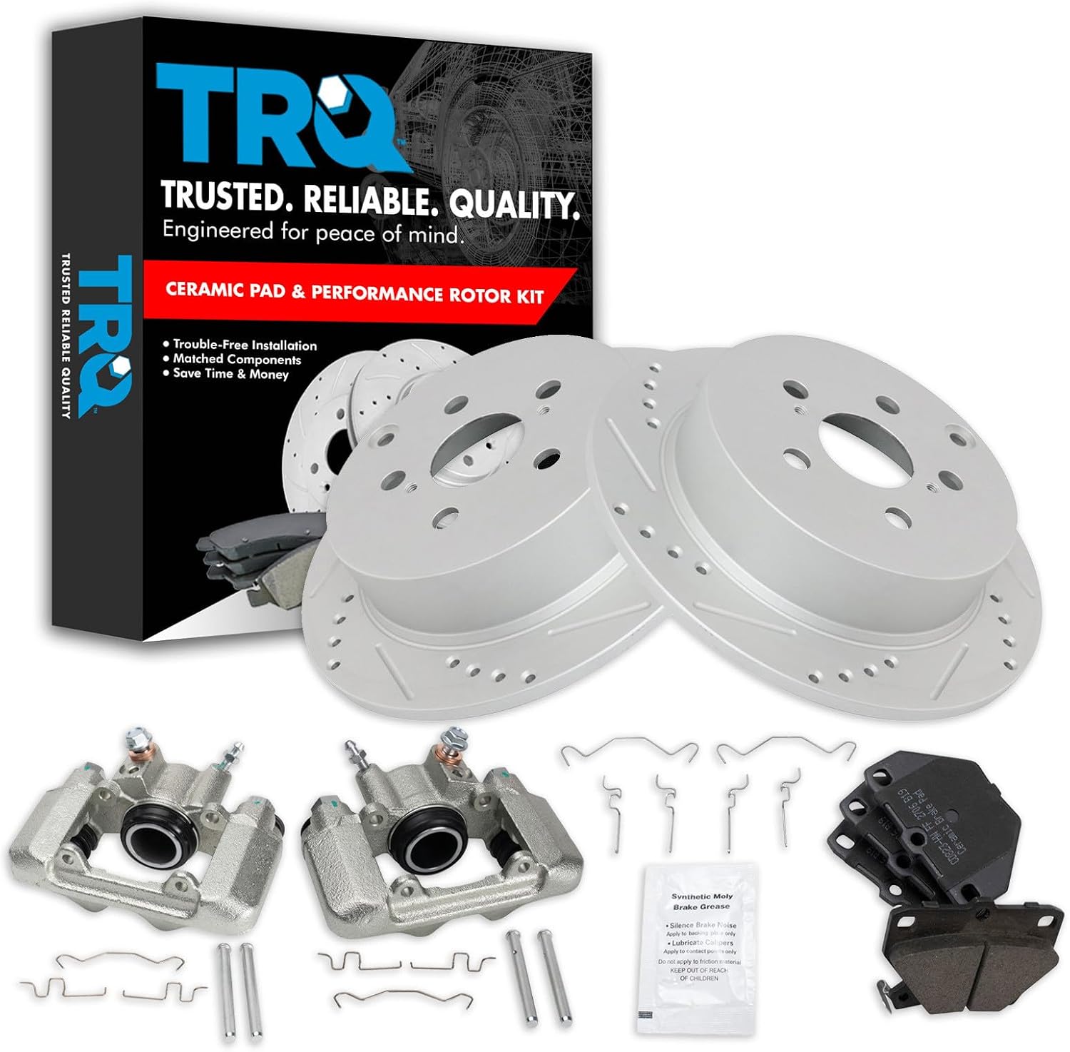 TRQ Performance Rear Brake Pad and Rotor Set Ceramic G Coated Slotted Drilled Rotors Calipers Compatible with 2003-2006 Pontiac Vibe 2000-2005 Toyota Celica 2005-2006 Corolla 2003-2006 Matrix