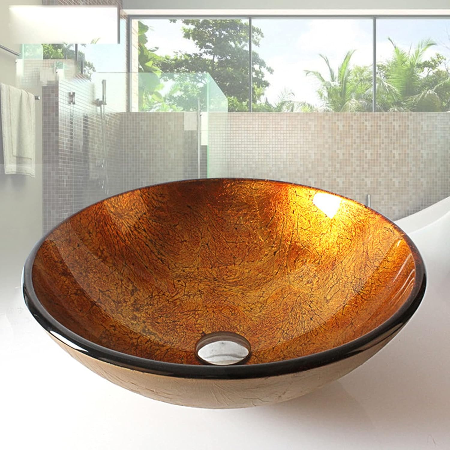 Bathroom Sink Tempered Glass Bathroom Wash Basin Sink, Bathroom Countertop Washroom Vessel Vanity Sink,Gold Silver