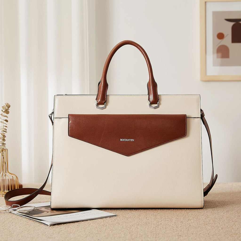 BOSTANTEN Briefcase for Women Laptop Tote 15.6 Inch Genuine Leather Handbag Work Bag Beige