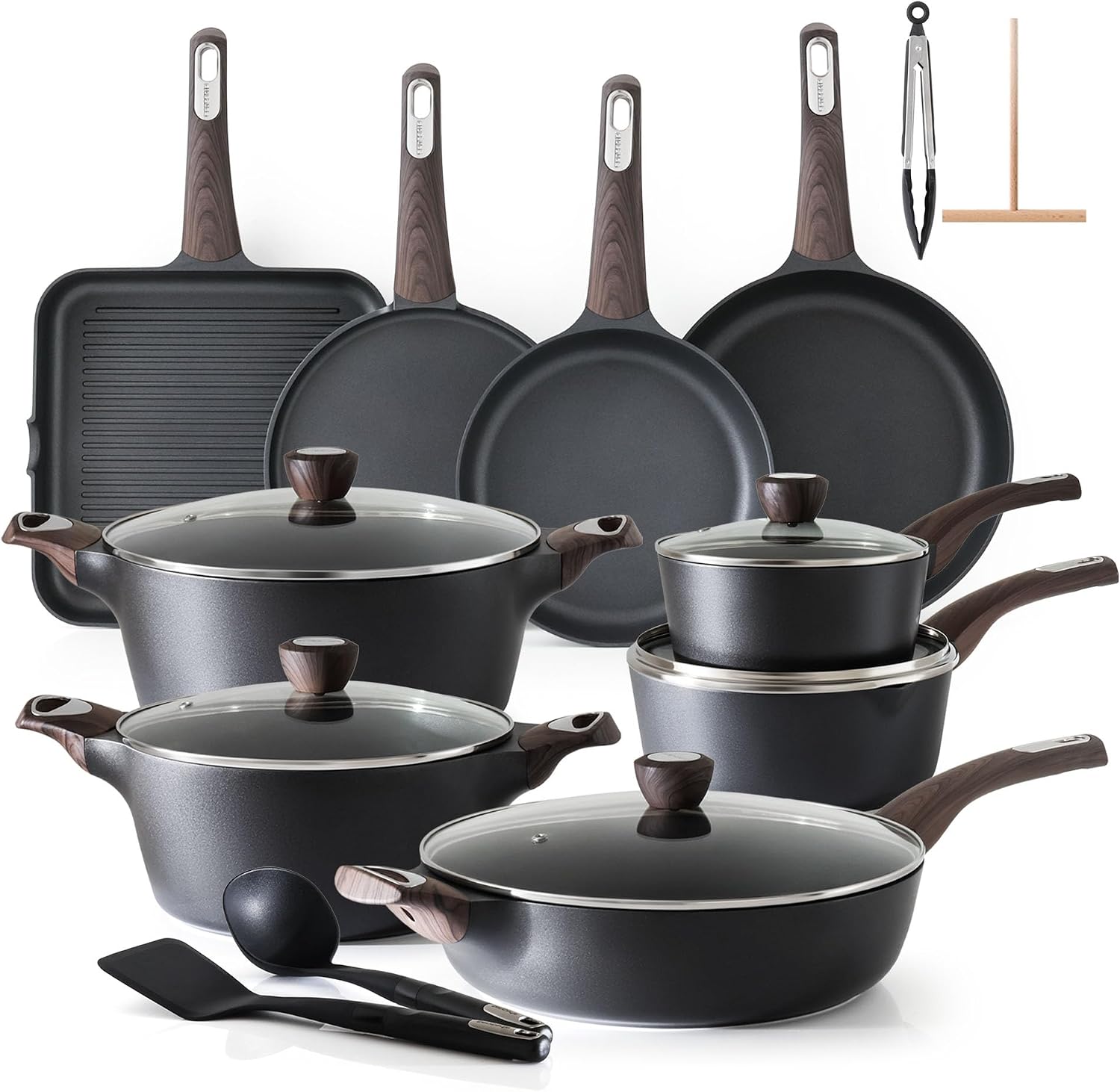 SENSARTE Pots and Pans Set Non stick, Non toxic Healthy Induction Cookware Sets, 26 Pcs Nonstick Kitchen Cooking Set, w/Frying Pans Set, Saucepans Set, Stockpots Set, PFOA PFOS Free, Black