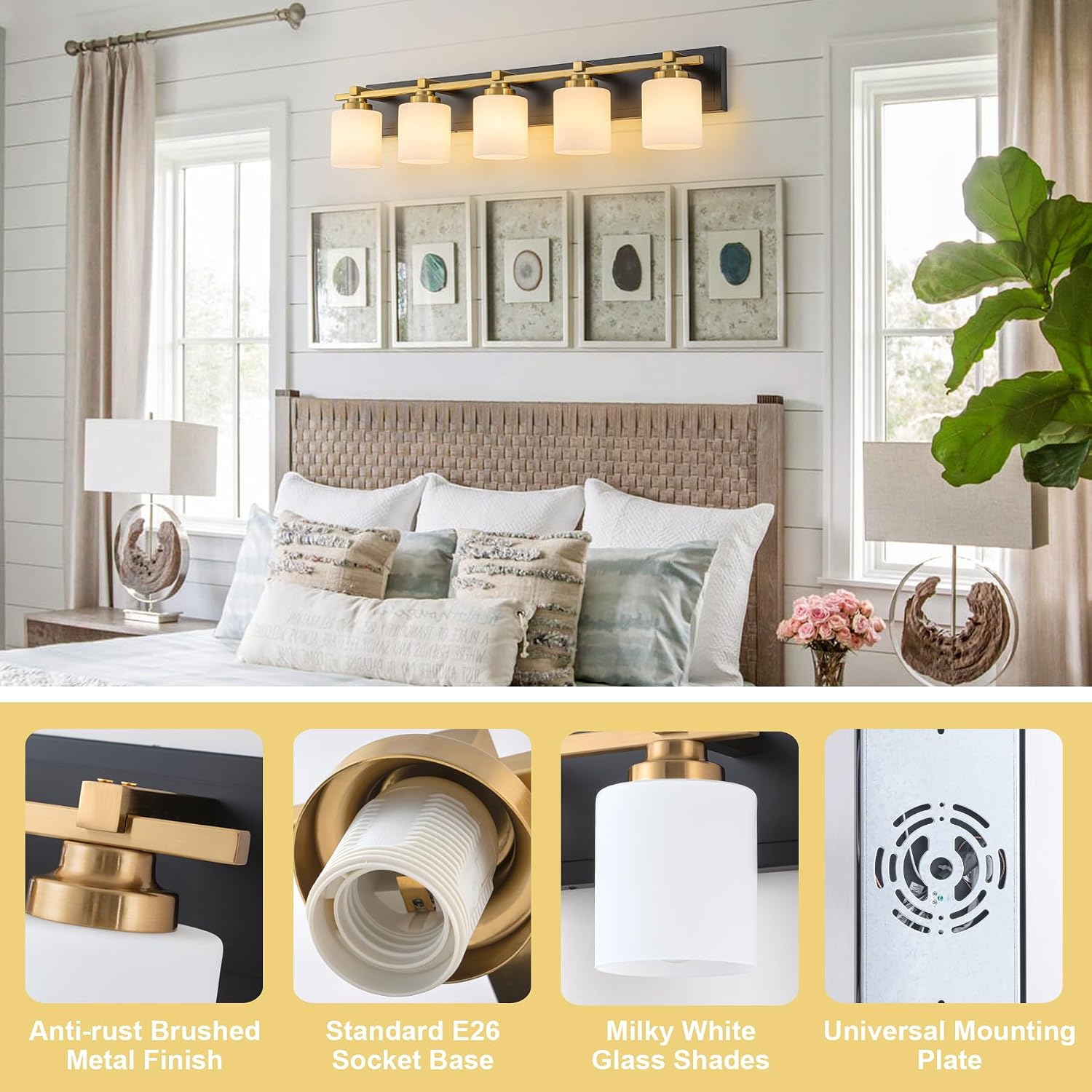 Modern Bathroom Light Fixtures Over Mirror, Vanity Lights for Bathroom Wall Sconces with Milky White Glass Shades, E26 Socket (Bulbs Not Included), 5 Light, Black Gold