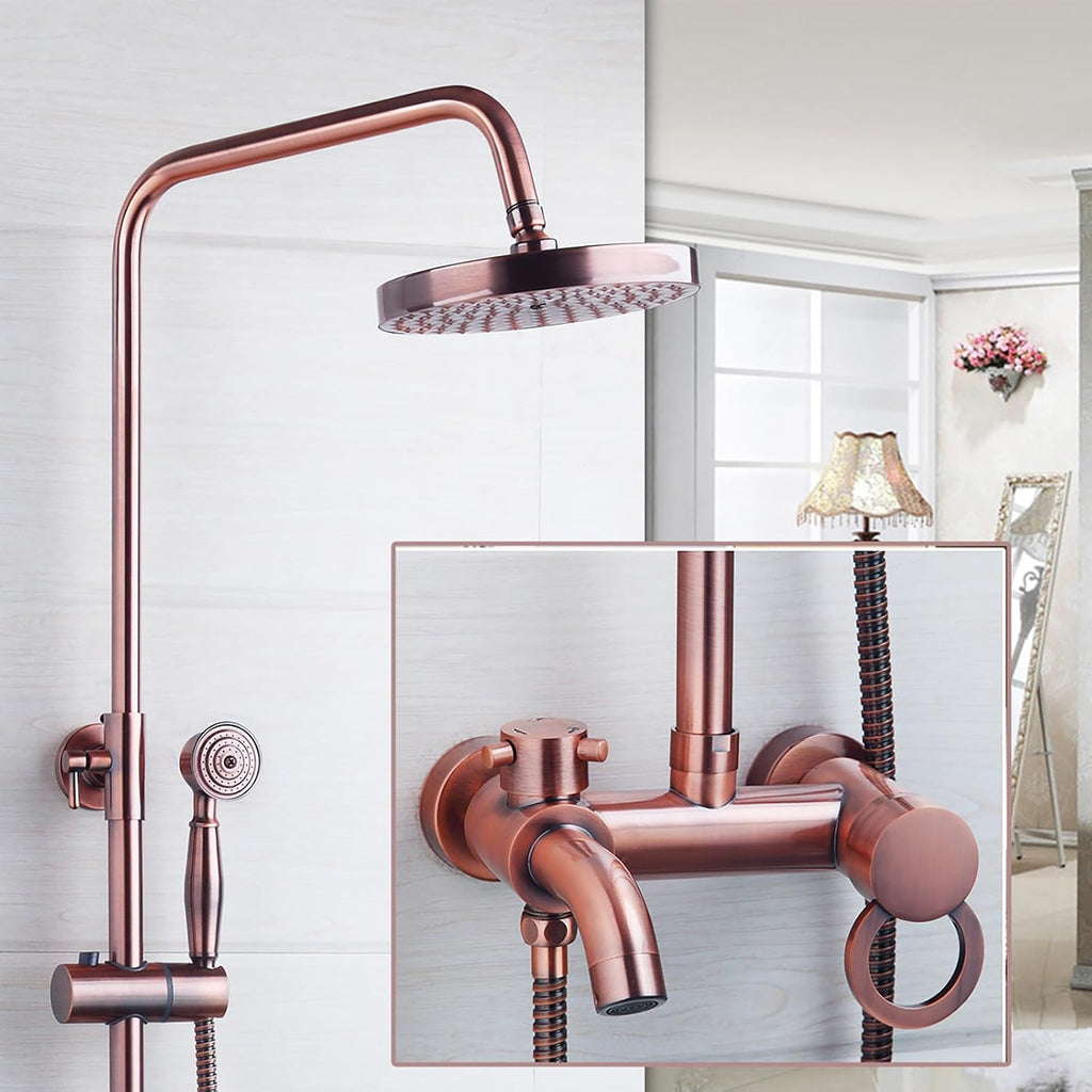 Vintage Copper Exposed Shower System with 8 inch Rainfall Shower Head and Bath Tub Spout,Multi-Mode Exposed Shower Fixture with Handheld Shower Wall Mounted for Bathroom