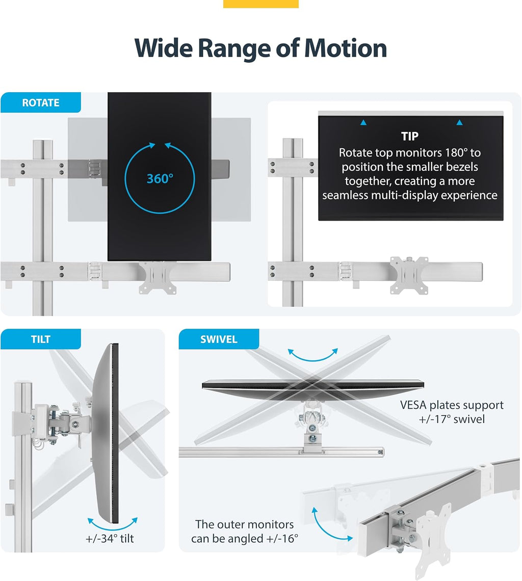 StarTech.com Six-Monitor Desk Mount w/Crossbar, Up to 32-inch Computer Screens/Max 17.6lb Each, Dual Column, C-clamp/Grommet