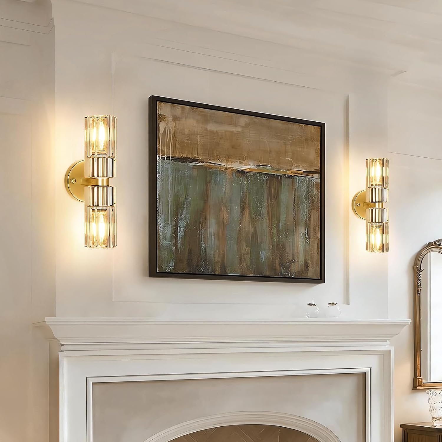 Crystal Wall Sconces Set of Two, 13'' Modern Brass Sconces Lighting with K9 Crystal Lampshade, Indoor Large Brass Wall Light Fixtures for Living Room Bathroom Hallway Stairs Bedroom
