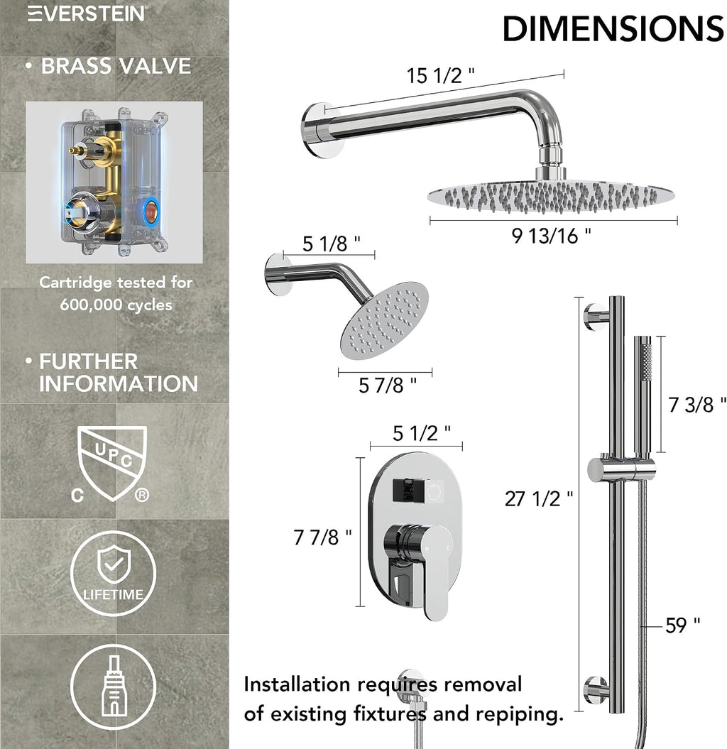 Wall Mount 10' High-Pressure Rainfall Shower Faucet with Slide Bar, Dual Rainfall Shower Head System with Valve (Polished Chrome)