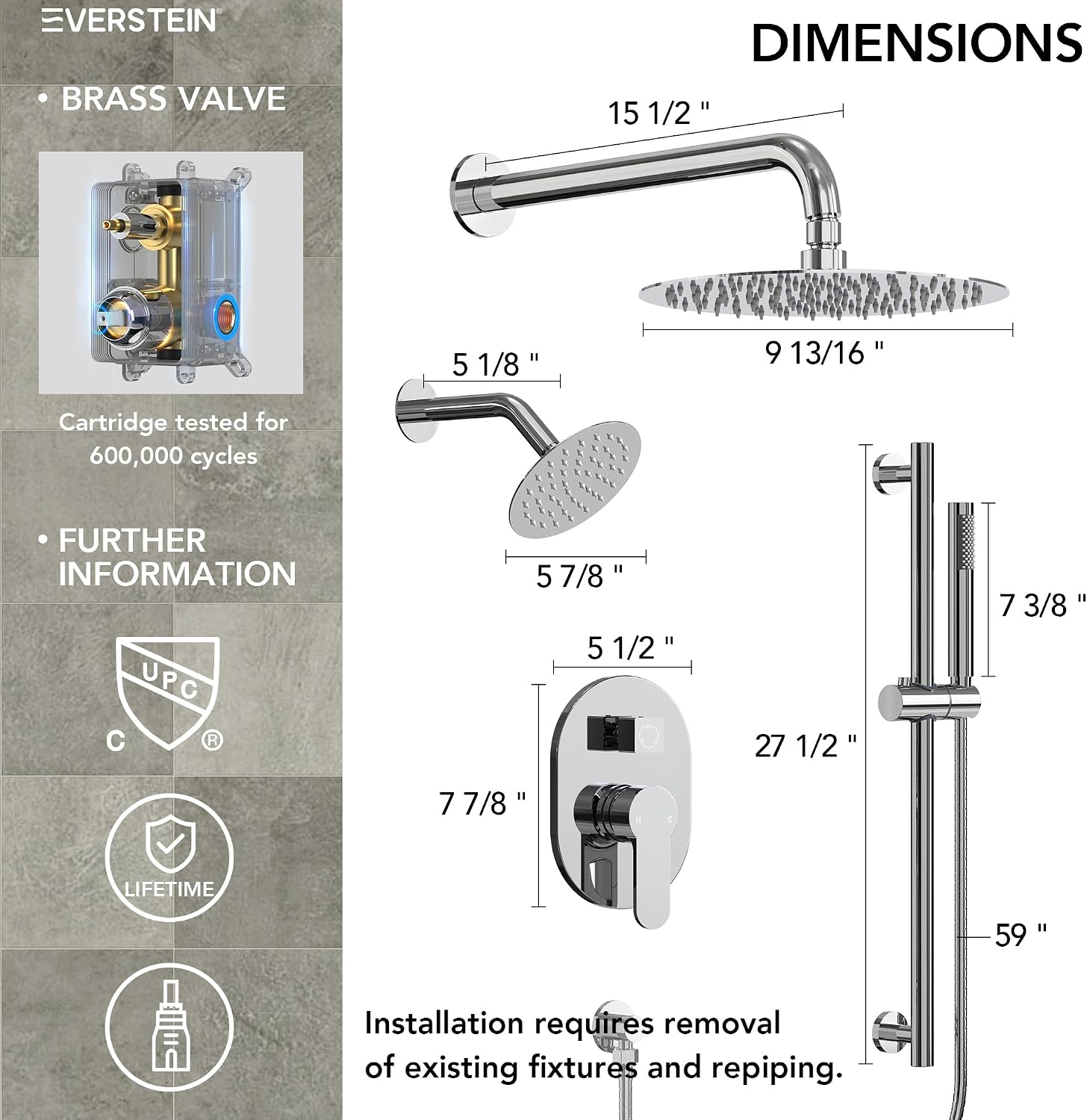 Wall Mount 10' High-Pressure Rainfall Shower Faucet with Slide Bar, Dual Rainfall Shower Head System with Valve (Polished Chrome)