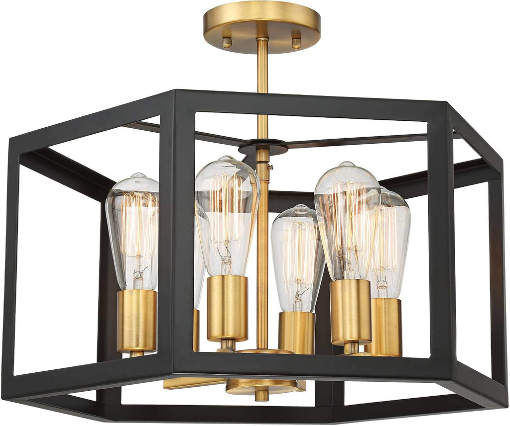Possini Euro Design Beni Industrial Rustic Farmhouse Ceiling Light Semi Flush-Mount Fixture 20' Wide Antique Bronze Gold 6-Light Open Pentagon Frame for Bedroom Kitchen Living Room Hallway Dining
