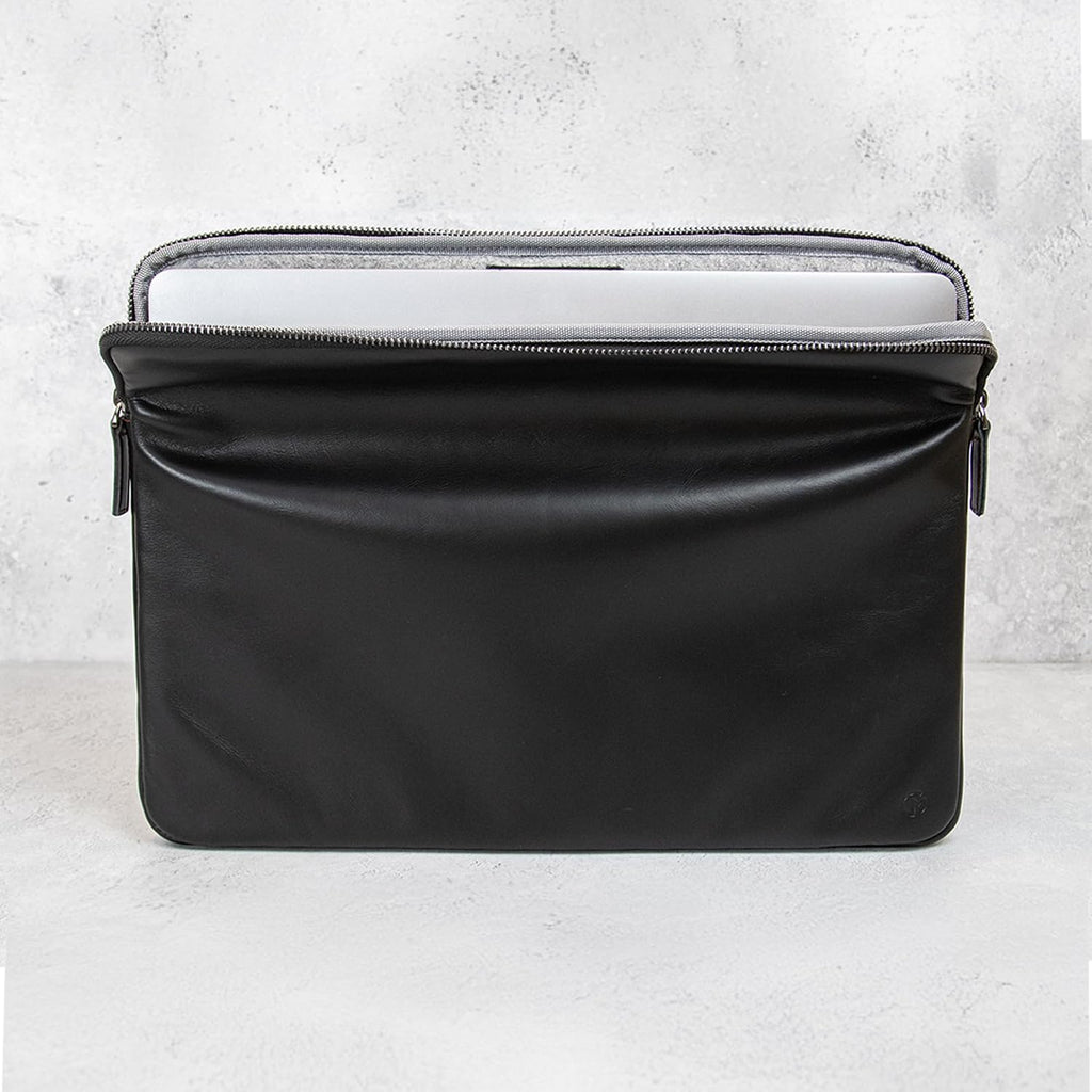 Casemade Real Leather Laptop Case/Zipped Folio Bag with Inner Pocket & Wool Lining Compatible with Apple MacBook, HP, Dell, Asus, Levovo (16 Inch - Black)