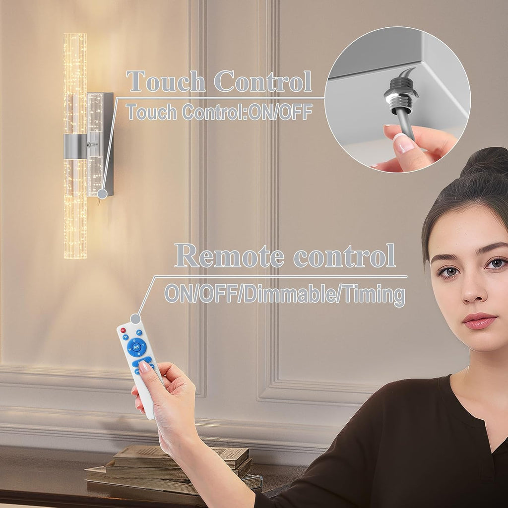 camuucci Battery Operated Wall Sconces Set of 2 Rechargeable Battery Powered Wall Light with 12000mAh Not Hardwired Dimmable Wall Lamp Fixtures for Bedroom Living Room Silver 15.3 Inches