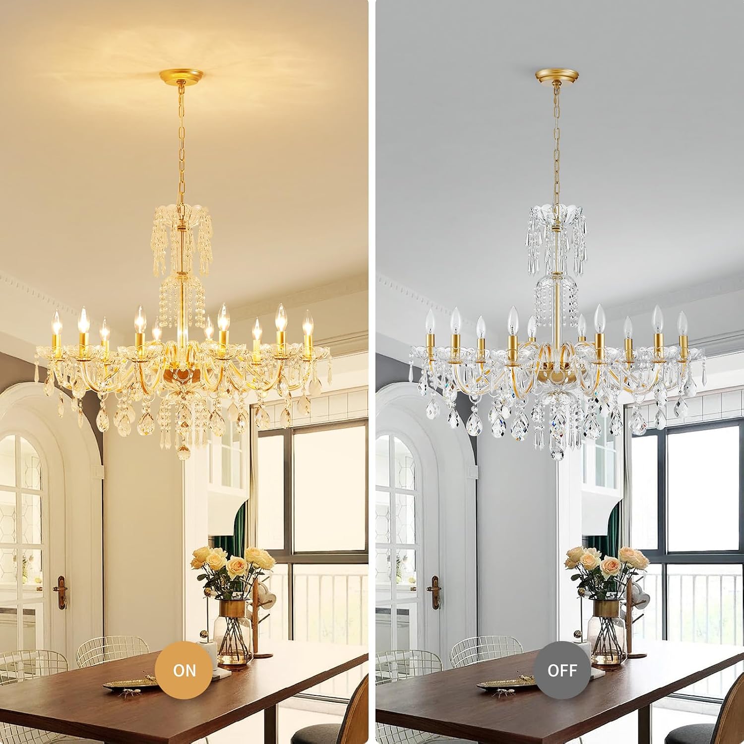 WUZUPS 10-Light Crystal Candle Chandelier Pendant Ceiling Light Modern Lighting Fixture for Bedroom Hallway Bar Kitchen Bathroom, H 26.7' W 33.9', E12 Base, Gold
