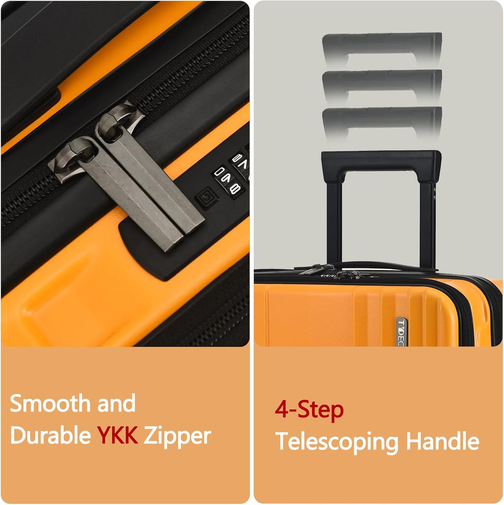 TydeCkare 16' Carry on Luggage with 2 Laptop Compartments, Lightweight Hardshell ABS+PC Suitcase with Dual Control TSA Lock, with YKK Zipper, 4 Spinner Silent Wheels, for Business Travel, Orange