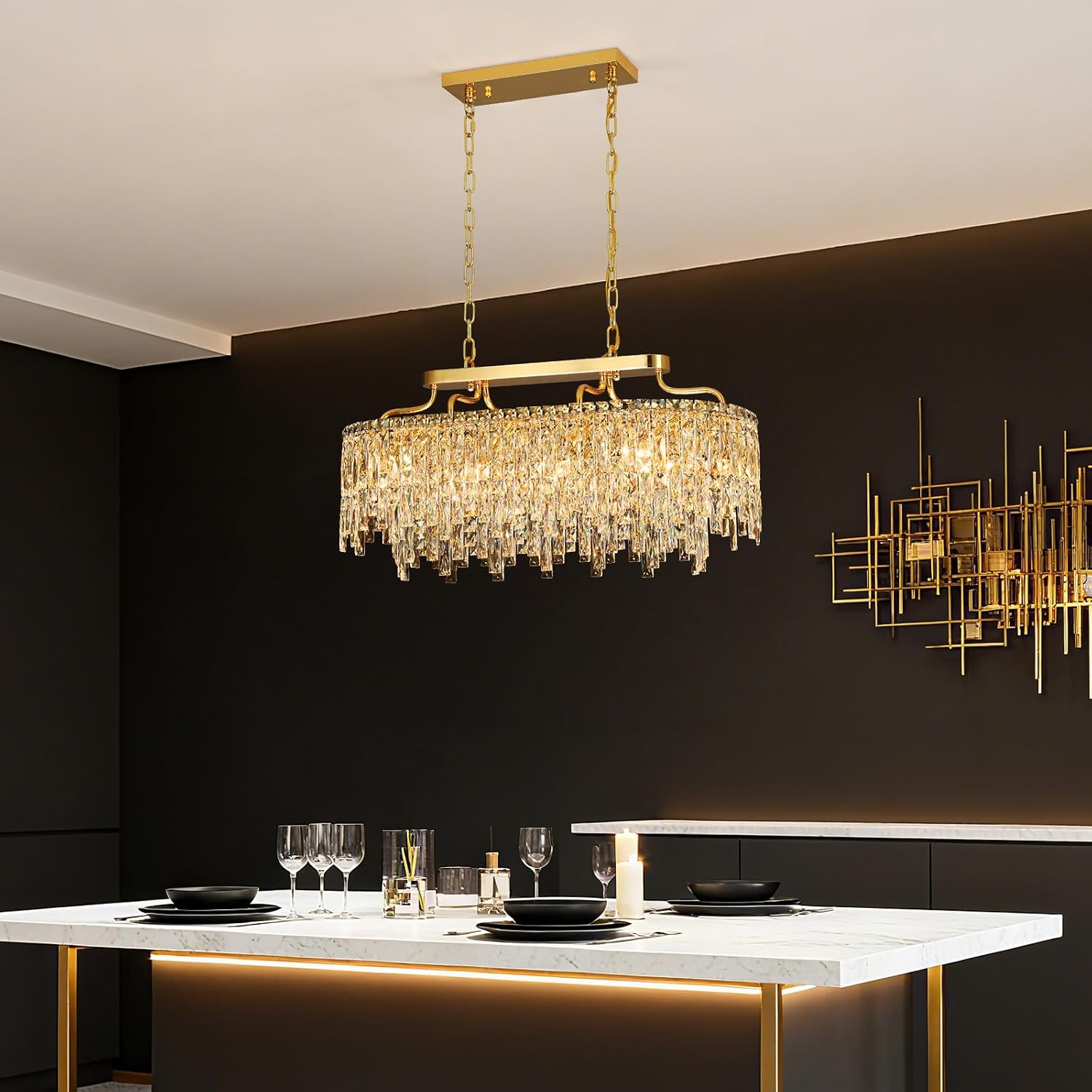 Gold Crystal Chandelier | Modern Luxury Oval-Shaped Chandeliers for Dining Room Light Fixture, 32' 10-Light Crystal Ceiling Lighting Fixture for Dining Room Kitchen Island Bar