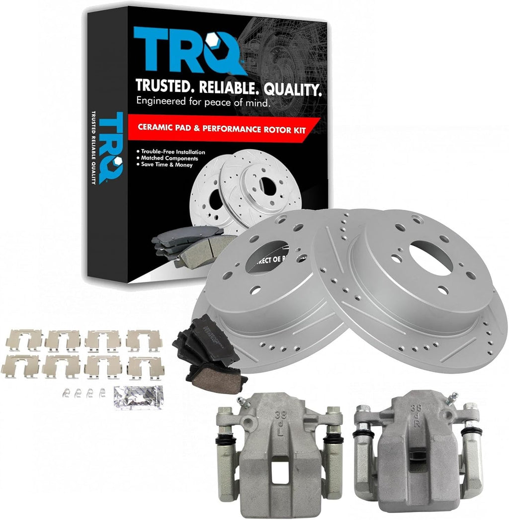 TRQ Performance Rear Brake Pad and Rotor Set Ceramic Drilled Slotted Coated Rotors Calipers Compatible with 2006-2011 Toyota RAV4
