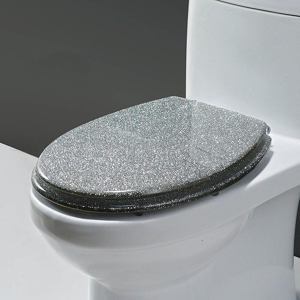 Sparkly Resin Elongated Toilet Seat, Slow Close, Stainless Steel Hinges, Easy Install, Gold(Silver)