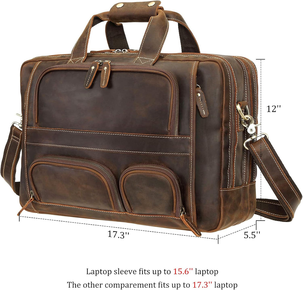 Polare Full Grain Cowhide Leather 17'' Laptop Large Briefcase for Men Business Messenger Bag Work Bag