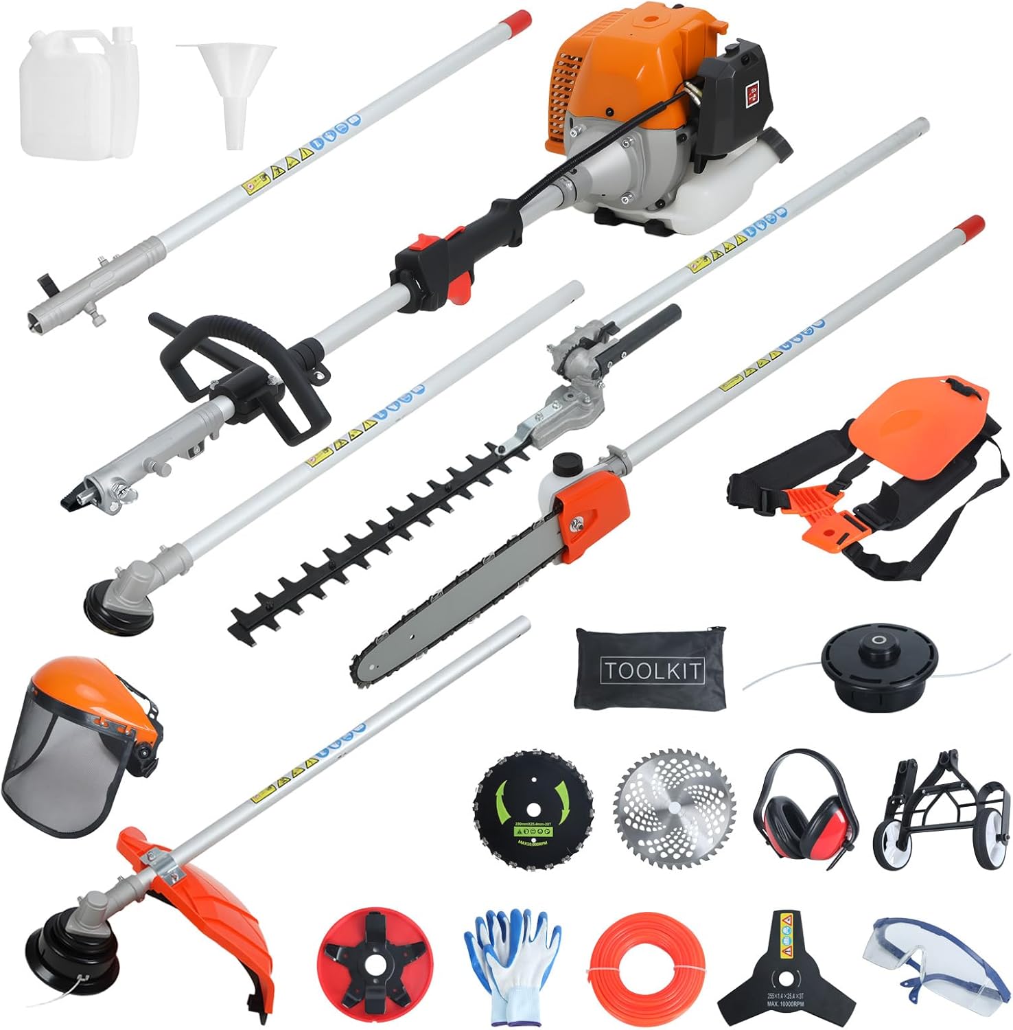 52CC 8-in-1 Gas Weed Eater 2.3KW 2-Stroke Brush Cutter, Multi-Functional Garden Trimmer Kit with Hedge Trimmer, Pole Saw, Pruner, Metal Blade, Auxiliary Wheel, 1.2L Fuel Tank for Lawn, Shrubs, Fences