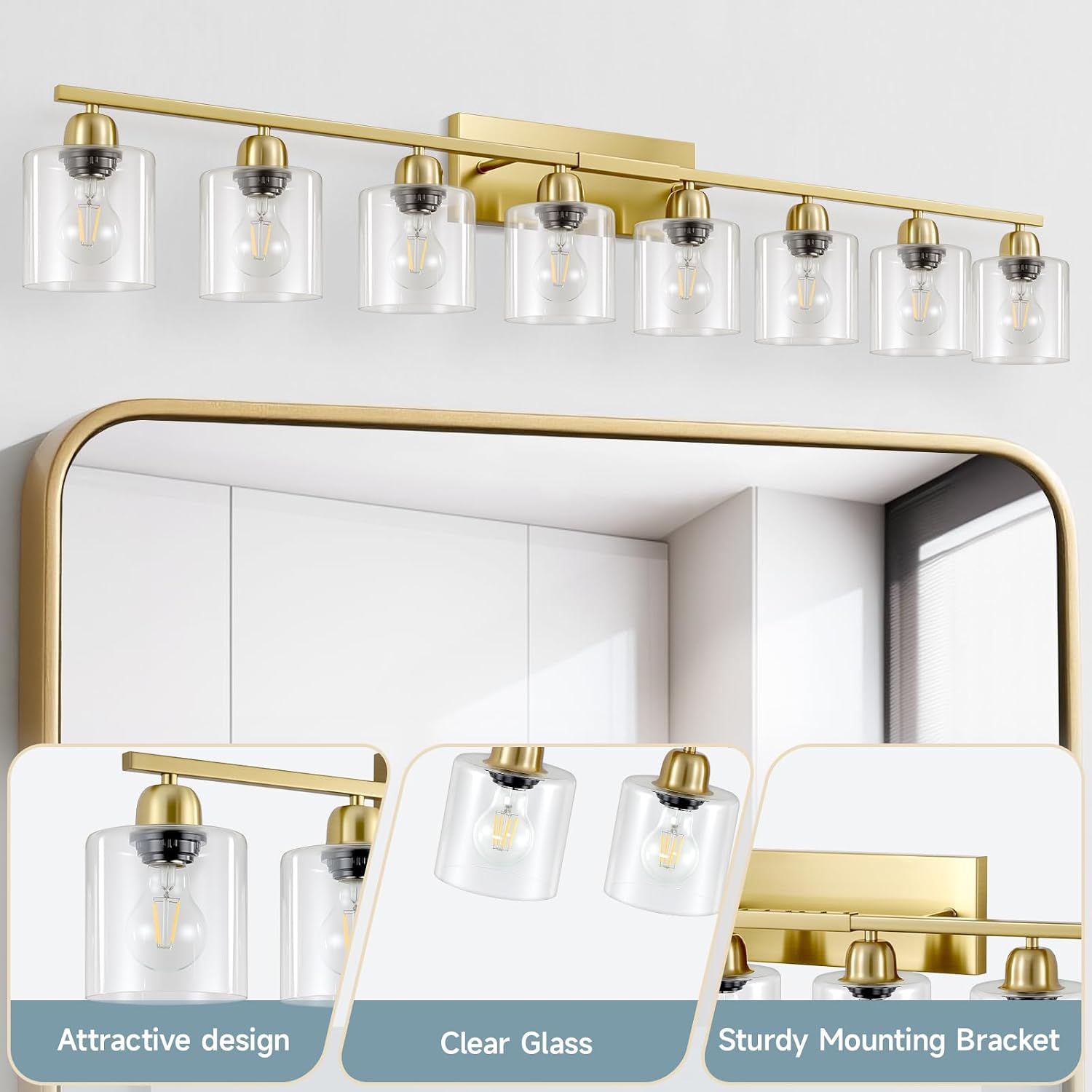 Bath Vanity Lights for Mirror, Restroom Lights Fixtures with Milky White Frosted Glass Shades,Bathroom Over Sink Light Fixtures (Gold & Clear Glass, 8-Light)