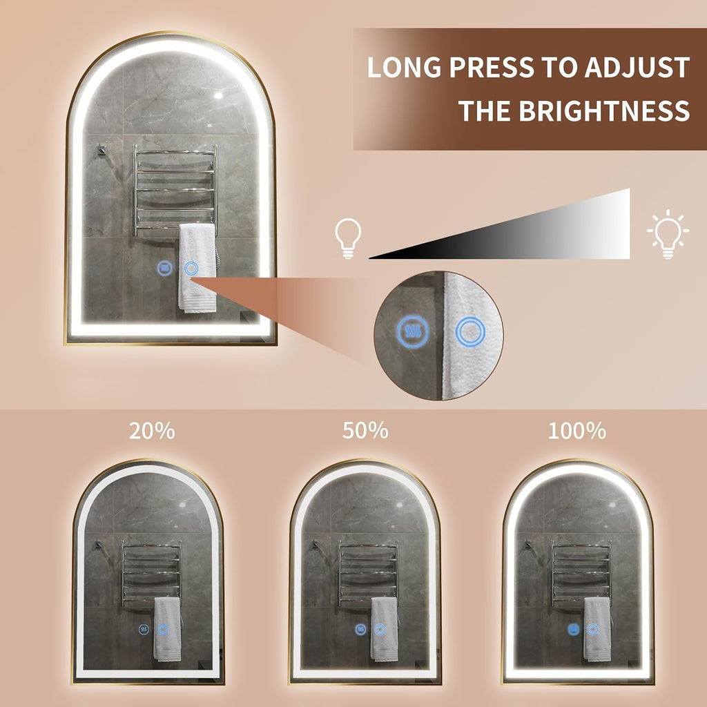 24' x 36' LED Bathroom Mirror with Lights, Gold Arched LED Mirror for Bathroom, Lighted, Anti-Fog, Dimmable Adjustable, 3 Colors, Vertical/Horizontal, CRI90+,Touch Button