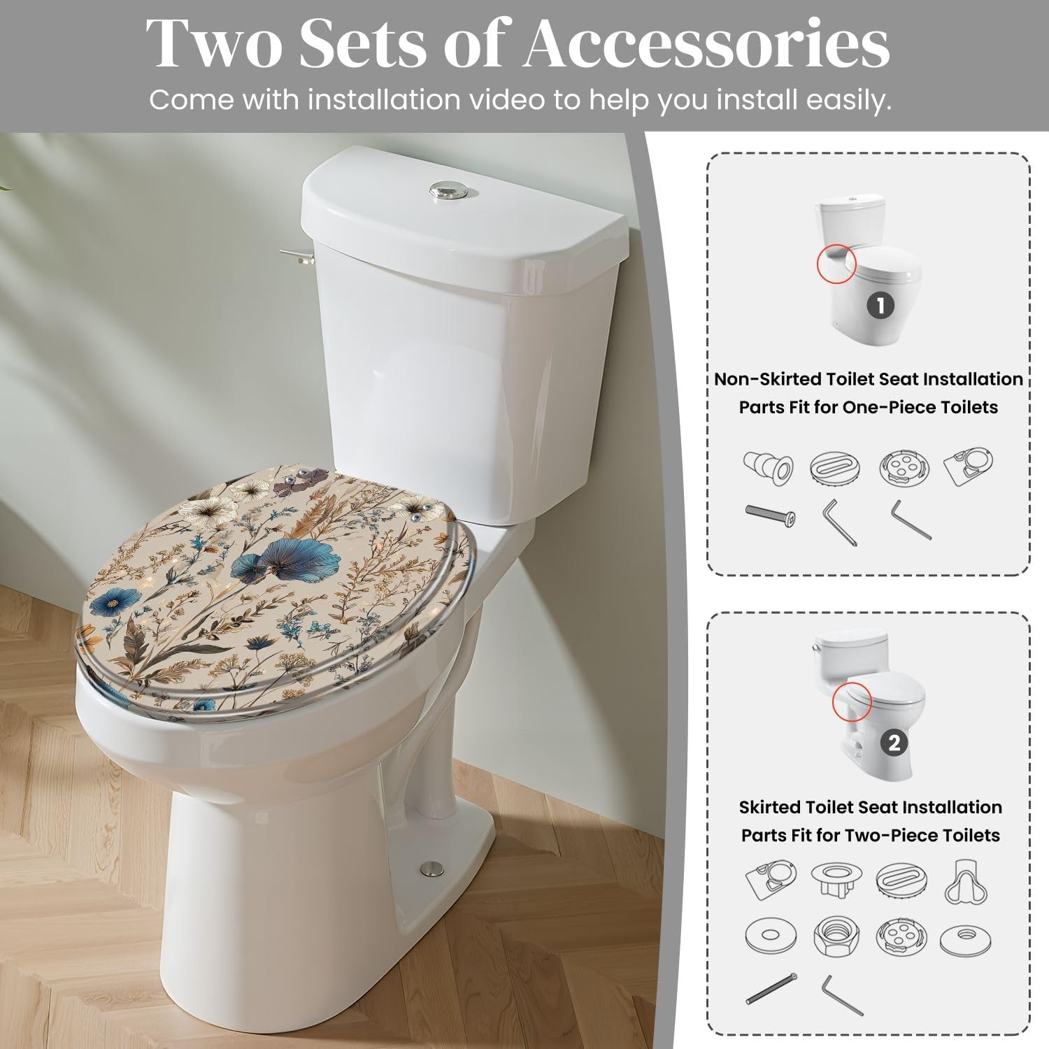 Round Toilet Seat Elegant Floral Blue White Golden Accents Butterflies Resin Toilet Seat Quietly Close Quick Release Hinges with Cover Bumpers Decorative Easy to Install Clean