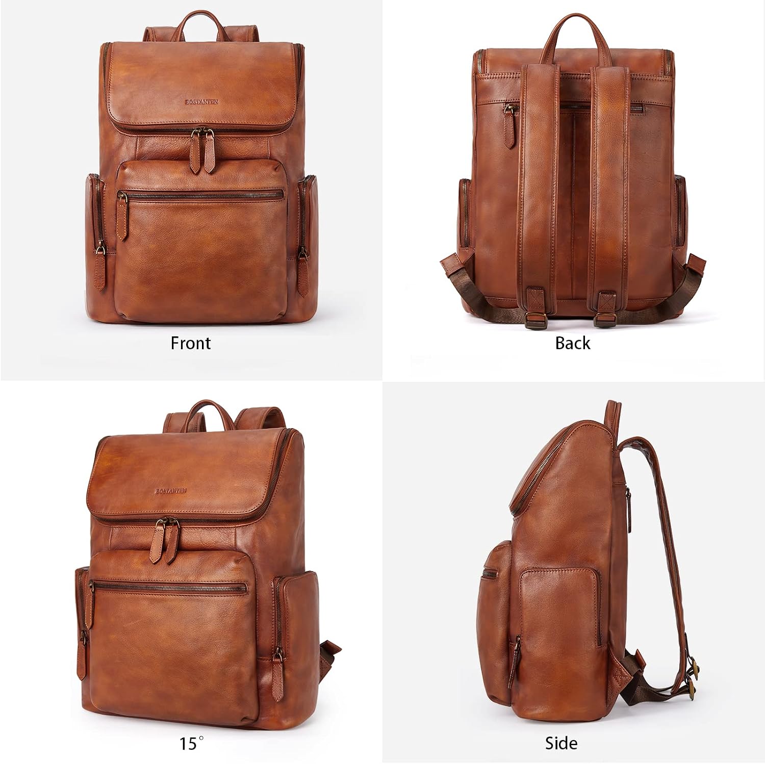 BOSTANTEN Leather Backpack for Men 15.6 inch Laptop Backpack Vintage Travel Office Bag Large Capacity Shoulder Bag Redbrown