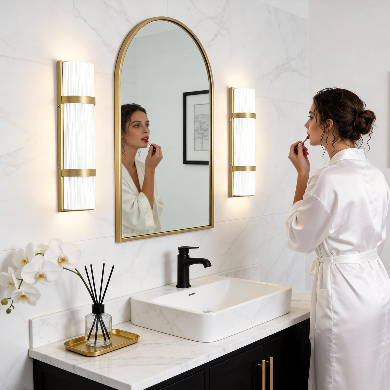 Modern Bathroom Wall sconces Set of 2 – 16 Inch Bathroom Wall Light Fixture, LED Gold Wall Sconce with Artisanal White Frosted Glass, 4000K Warm Lighting for Hallway Bedroom Living Room