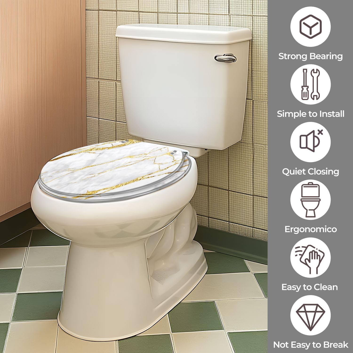 Toilet Seats Oval Round Toilet Seat White gold marble luxury wall texture shine golden line abstract Colored Toilet Seat Easy to Install Decorative Toilet Seat with Cover for Bathroom
