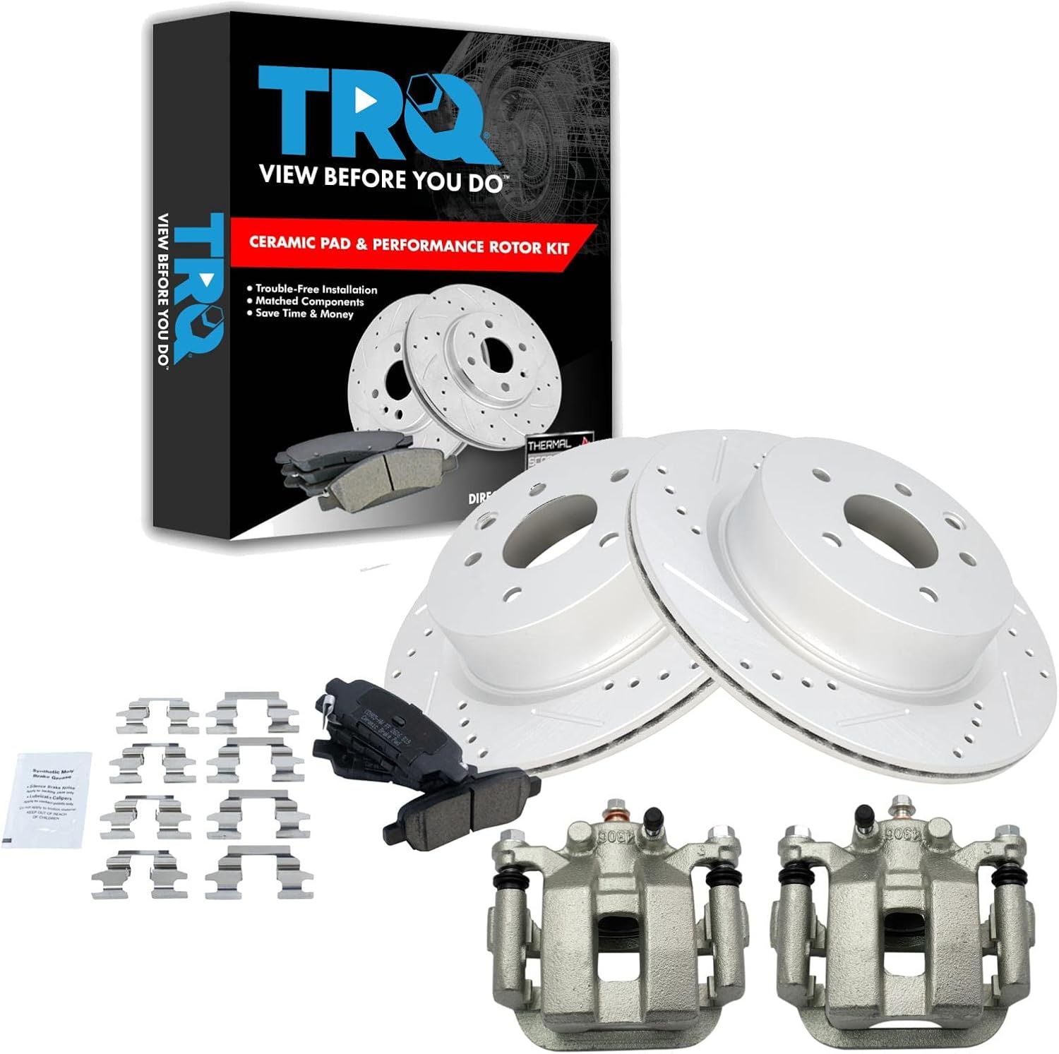 TRQ Performance Rear Brake Pad and Rotor Set Ceramic Vented Coated Rotors Calipers Compatible with 2005 Infiniti G35
