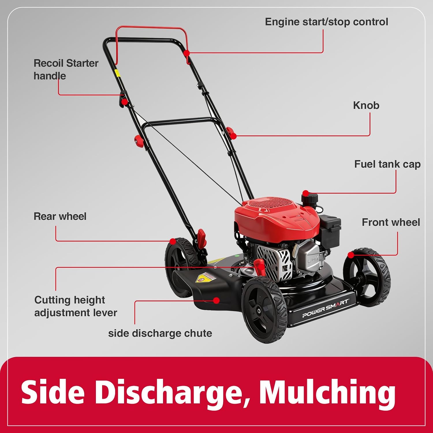 PowerSmart 18-Inch Gas Push Lawn Mower with 144cc OHV Engine, 2-in-1 Mulching Lawn Mower with Side-Discharge, 5-Positions Adjustable Cutting Height
