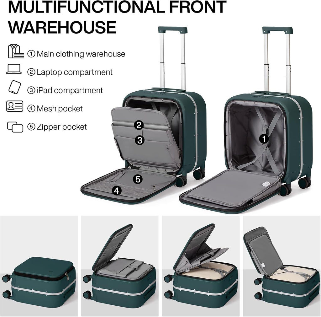 mixi Carry On Luggage, 18' Suitcase with Front Pocket, Travel Luggage Aluminum Frame PC Hardside with Spinner Wheels & TSA Lock and Cover (Not for Underseat), Blackish Green