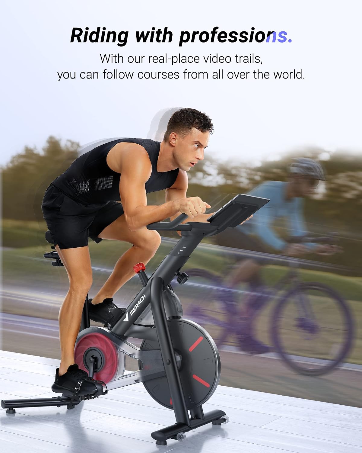 MERACH Exercise Bike, Brake Pad Stationary Bike with Exclusive App, Low Noise Indoor Cycling Bike with 300lbs Weight Capacity, Tablet Mount and Fitness Courses for Weight Loss