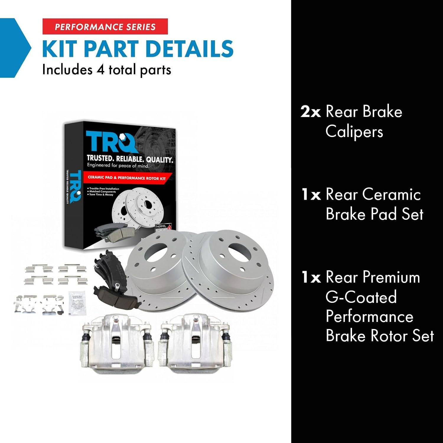 TRQ Performance Rear Brake Pad and Rotor Set Ceramic Coated Slotted Drilled Solid Rotors Calipers Compatible with 99-02 Chevrolet Silverado 1500 GMC Sierra 1500 00-01 Tahoe Yukon 03-05 Astro Safari