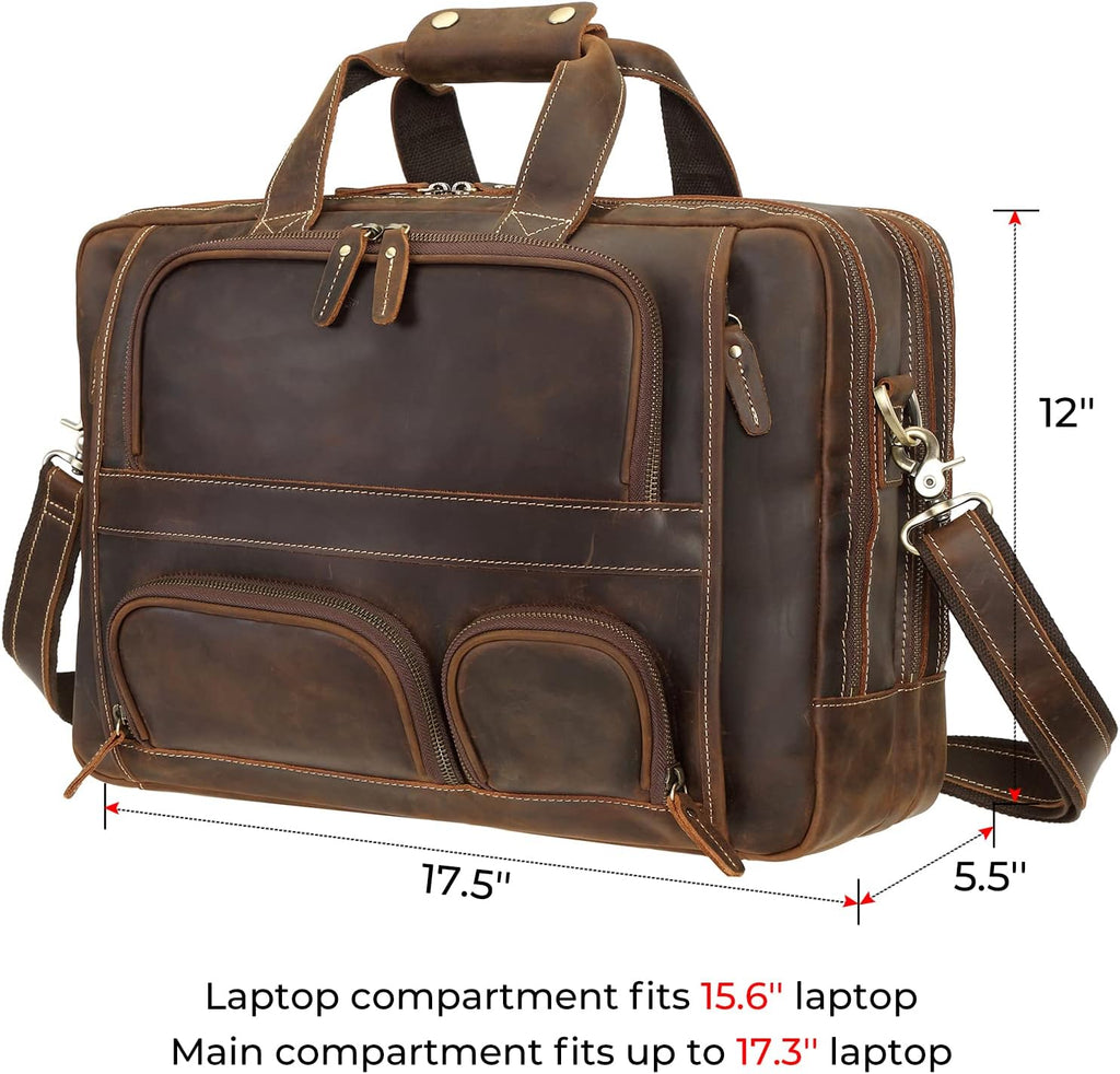 Top Cowhide Leather briefcase for men,17.3 Inch Messenger Bag Laptop Briefcase with YKK Metal Zippers Fit Business Trip