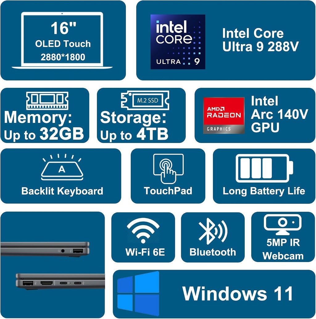 HP OmniBook X Flip 2-in-1 Laptop 16' 3K OLED Touch (100% DCI-P3, 120Hz) Intel 8-core Ultra 9 288V (Up to 48 Tops) 32GB RAM 4TB SSD for Creator Designer Business Professional Win11 ICP Hub
