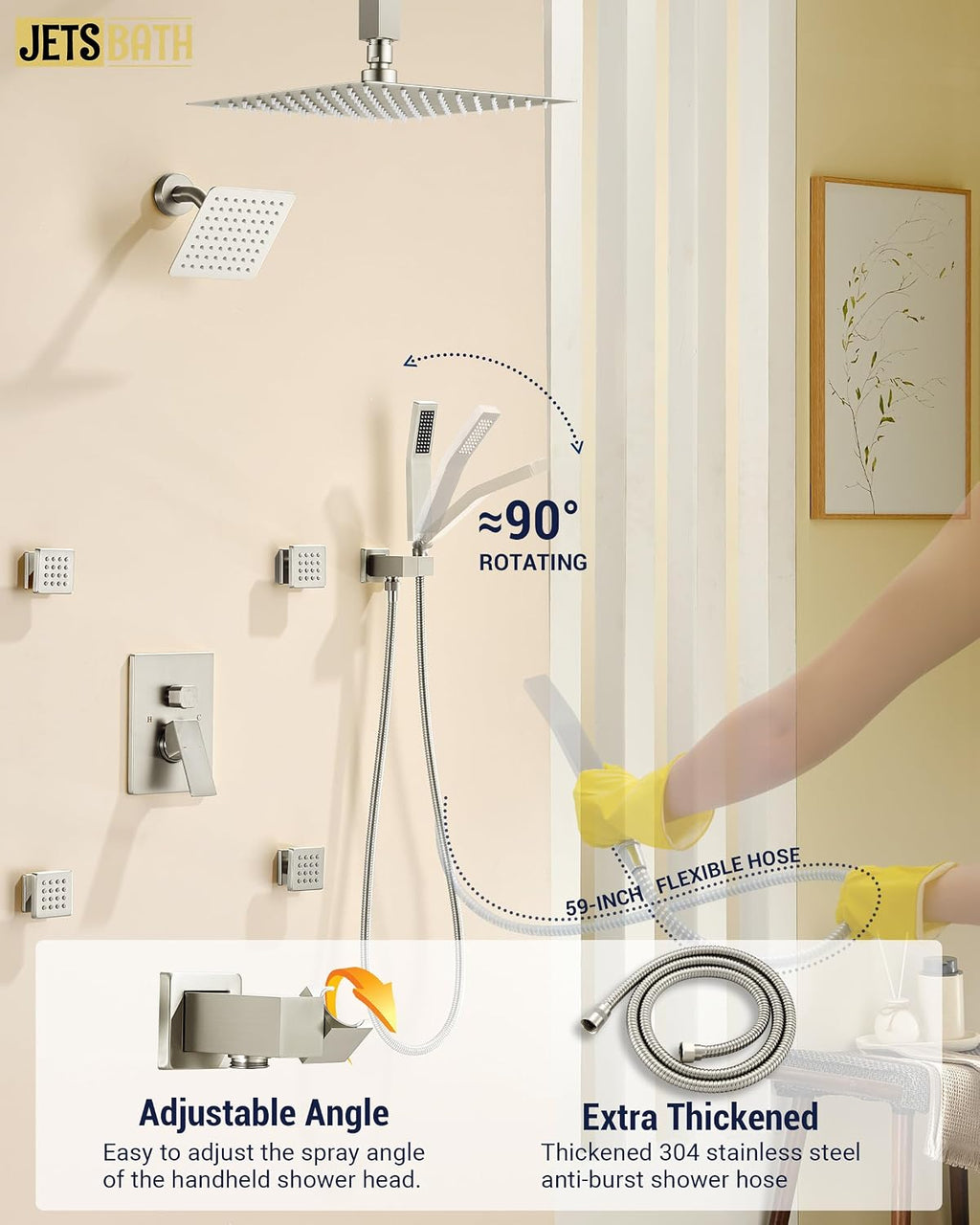 Dual Rainfall Shower Head System with 4 Body Jets, JetsBath Shower Faucet Set Double Shower Head 6-Inch Shower Head & 12' Rain Shower, Luxury Brushed Nickel Shower Faucet Set Tandem Shower Head System