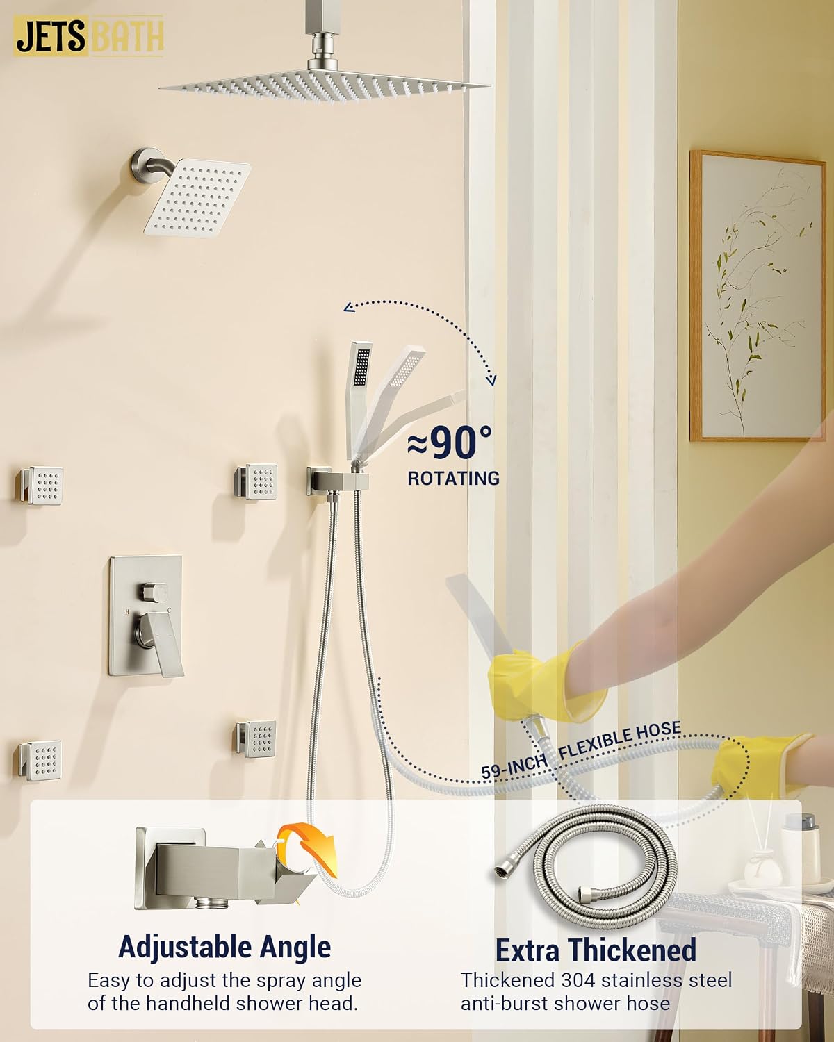 Dual Rainfall Shower Head System with 4 Body Jets, JetsBath Shower Faucet Set Double Shower Head 6-Inch Shower Head & 12' Rain Shower, Luxury Brushed Nickel Shower Faucet Set Tandem Shower Head System