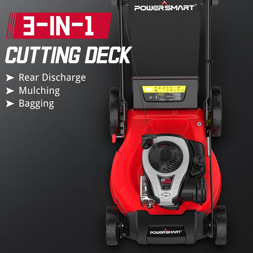 PowerSmart 21' Gas Lawn Mower, 140cc B&S E550 Engine, 3-in-1 with Bagging, High Wheels, Lightweight, Easy Assembly, Cordless Push Lawn Mowers for Garden Yard