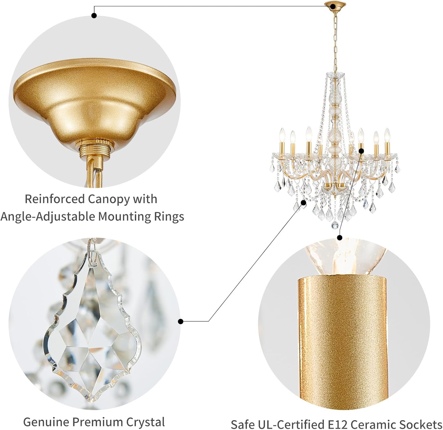 WUZUPS 8-Light Crystal Candle Chandelier Pendant Ceiling Light Modern Lighting Fixture for Bedroom Hallway Bar Kitchen Bathroom, H 35.4' W 27.6', E12 Base, Gold