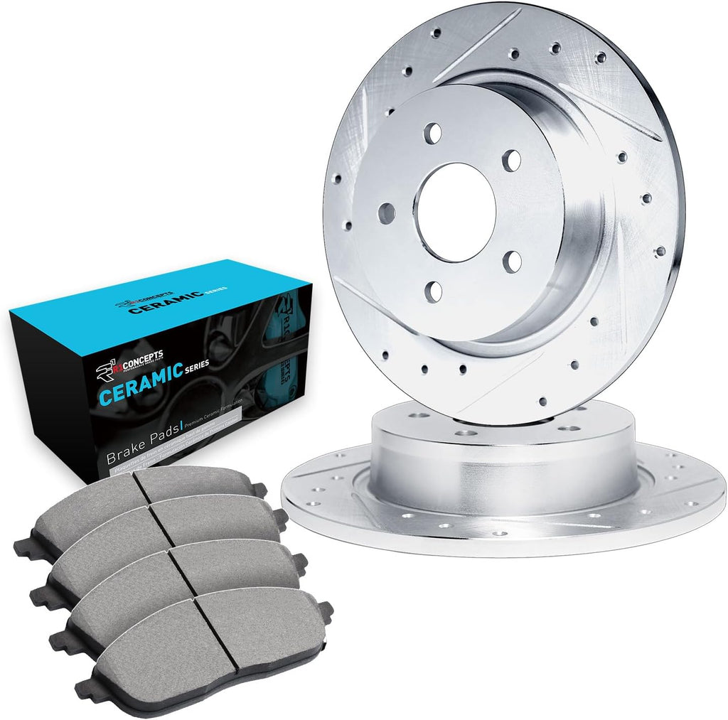 R1 Concepts Rear Brake Kit Fits 2009-2015 Hyundai Sonata; 2012-2017 Hyundai Azera; 2011-2016 Kia Optima| Ceramic Brake Pads and Drilled Slotted Brake Rotors| 11.1' Rear