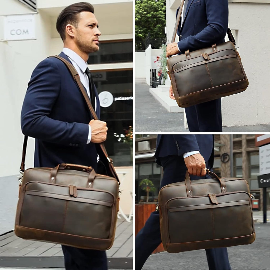 Masa Kawa Leather Briefcase for Men 17/15.6' Laptop Crossbody Shoulder Messenger Bag Business Travel Work Attache Case