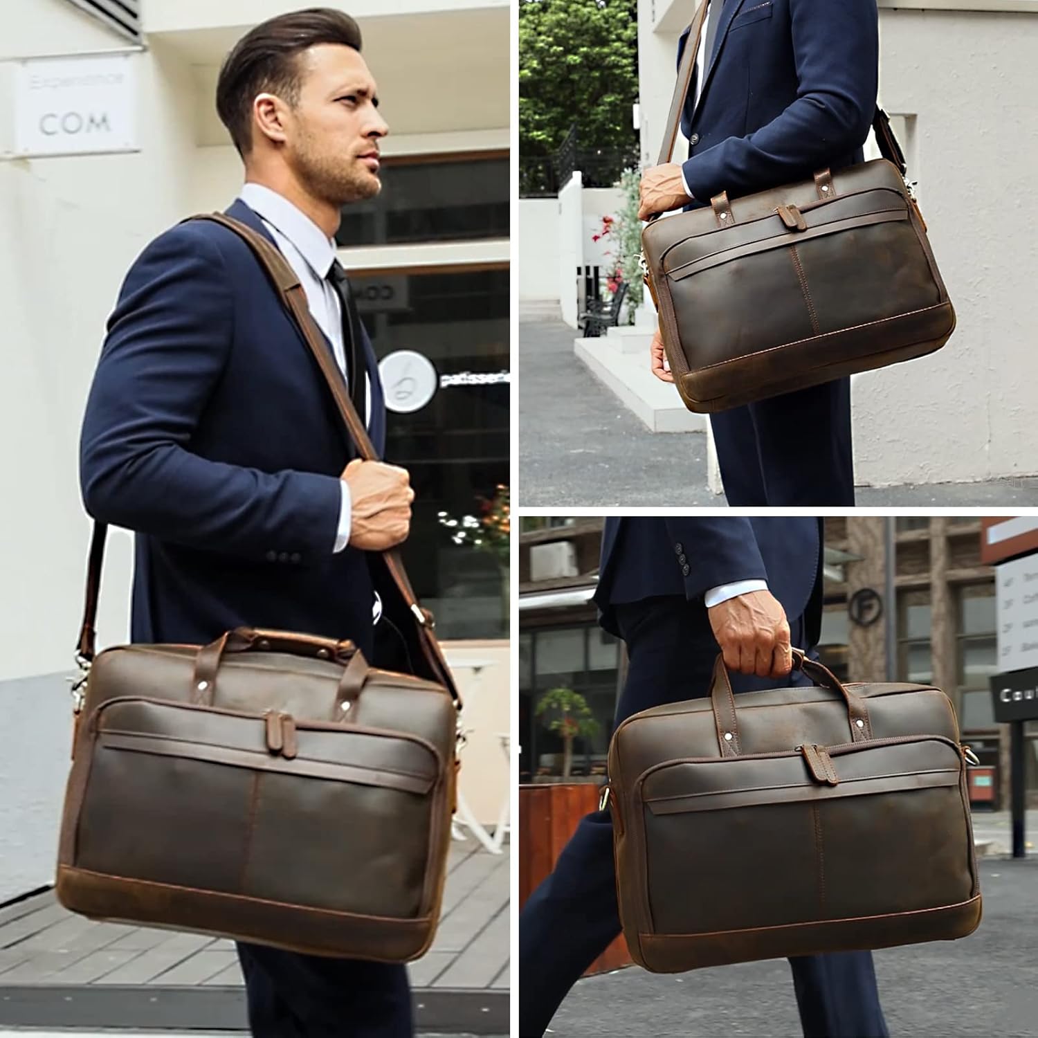 Masa Kawa Leather Briefcase for Men 17/15.6' Laptop Crossbody Shoulder Messenger Bag Business Travel Work Attache Case