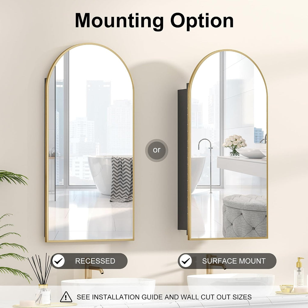 Recessed Medicine Cabinet Mirror,Brushed Brass Gold Arched Medicine Cabinet with Mirror for Bathroom,Metal Edge Mirrored Medicine Cabinets,in Wall Arch Mirrored Cabinets with Storage 16x31