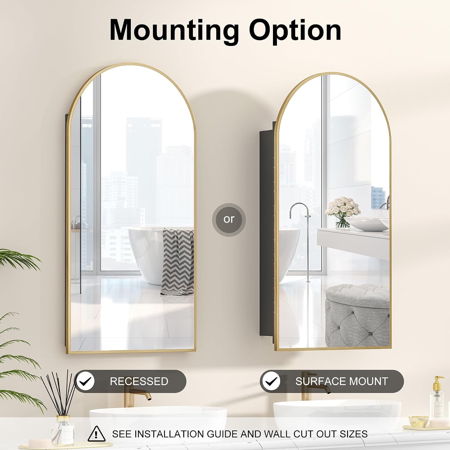 Recessed Medicine Cabinet Mirror,Brushed Brass Gold Arched Medicine Cabinet with Mirror for Bathroom,Metal Edge Mirrored Medicine Cabinets,in Wall Arch Mirrored Cabinets with Storage 16x31