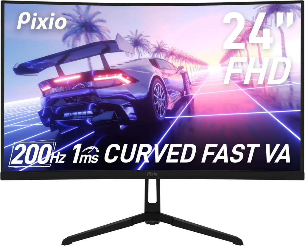 Two Pixio PXC248WAVE 24 inch 200Hz Refresh Rate FHD 1080p Resolution 1500R Curve Fast VA Panel 1ms GTG Response Time HDR Curved Gaming Monitor and PS1D Wave Black Dual Monitor Arm - Fits up to 32 inch