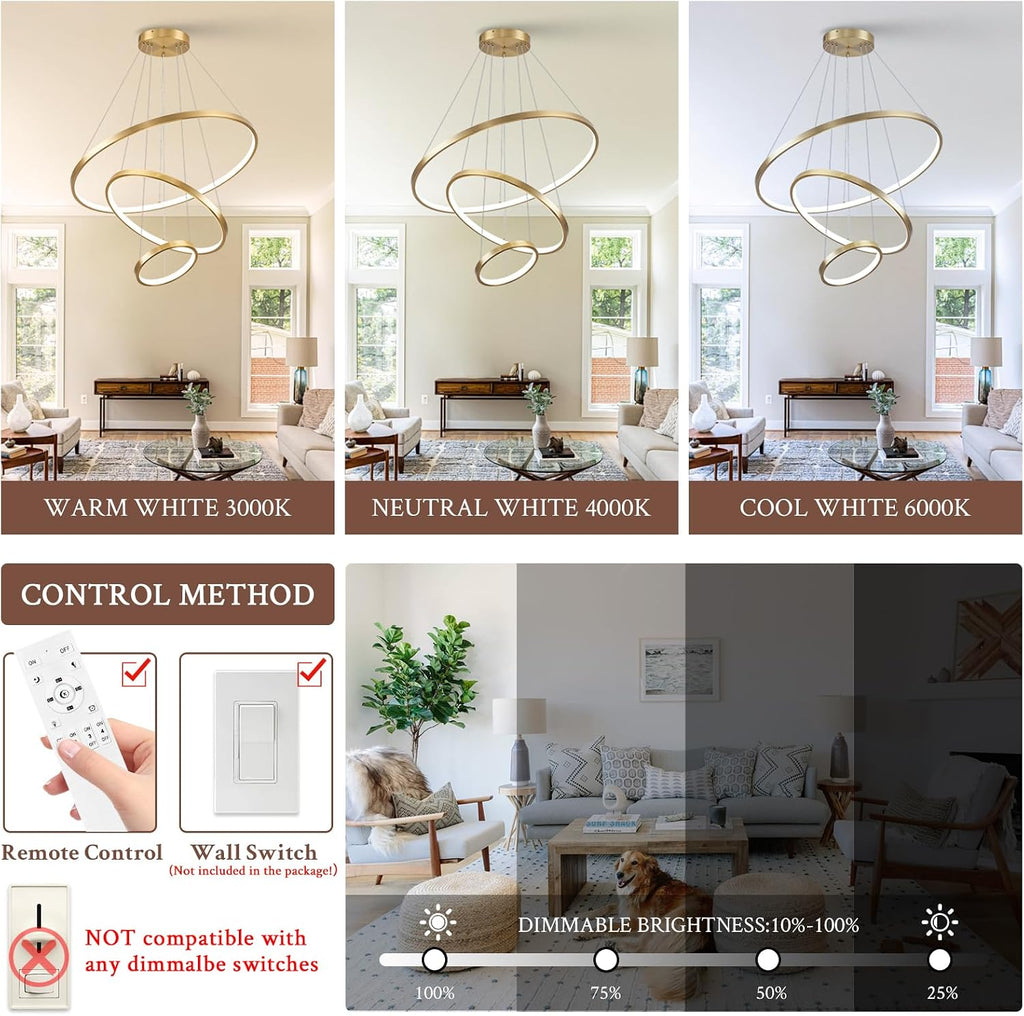 3 Ring Modern LED Chandelier Gold Dimmable Round Chandeliers, LED Circular Pendant Light Fixture with Remote Control for Living Room, Dining Room, Office, Entry, Bedroom